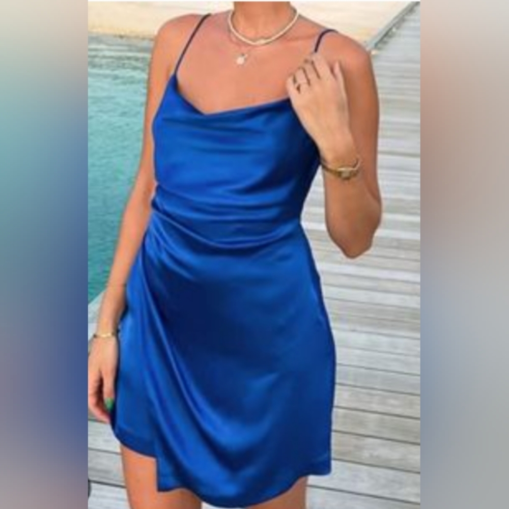ZARA Royal Blue Satin Draped Ruched Cocktail Dress | XS